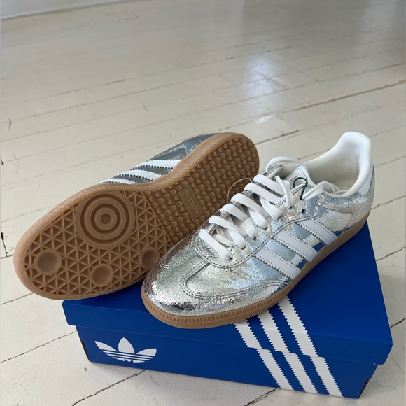 adidas Samba Metallic Silver / Cloud White / Core White Sneakers with Gum Sole - Picture 2 of 9